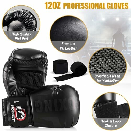 Black 12oz professional boxing gloves with features like high quality fist pad, premium PU leather, breathable mesh, and hook and loop closure.