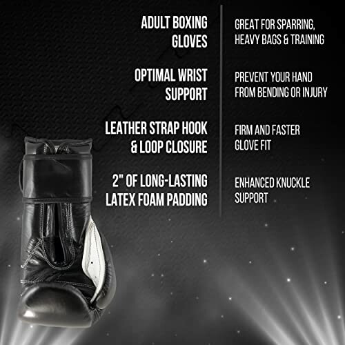 Black boxing gloves with features listed: great for sparring, wrist support, leather strap closure, latex foam padding.