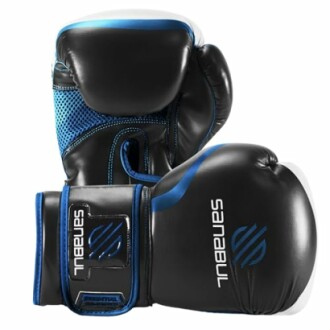 Black and blue boxing gloves with Sanabul logo