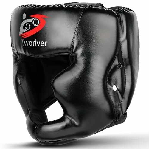 Black boxing headgear with red and white logo