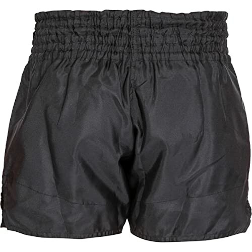 Black boxing shorts with elastic waistband.