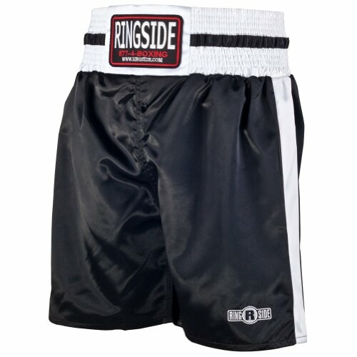 Black boxing shorts with white stripes and Ringside logo.