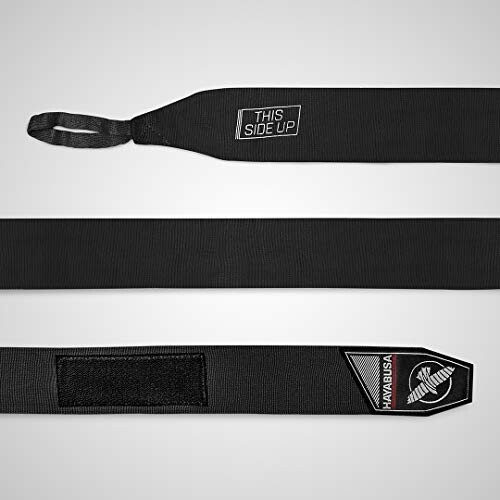 Black judo belt with labels and brand logo.