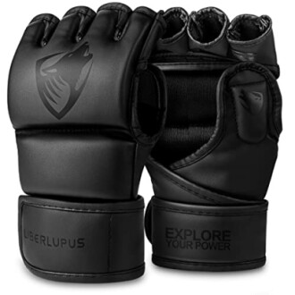 Black MMA gloves with wolf logo and adjustable wrist straps.