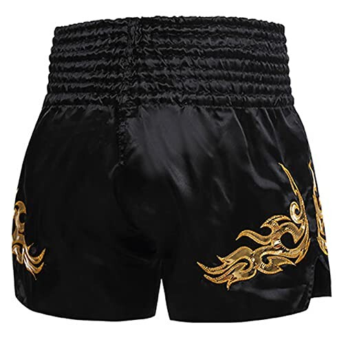 Black Muay Thai shorts with gold flame design