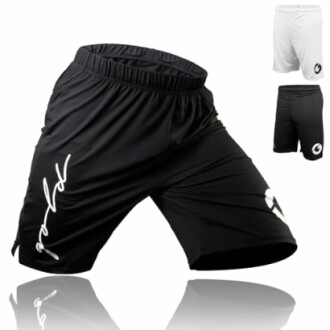 Black and white sports shorts with logo design