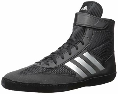 Black wrestling shoe with silver stripes and high ankle support.