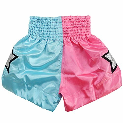 Blue and pink boxing shorts with star designs.