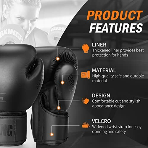 Boxing gloves with features listed: liner, material, design, velcro.