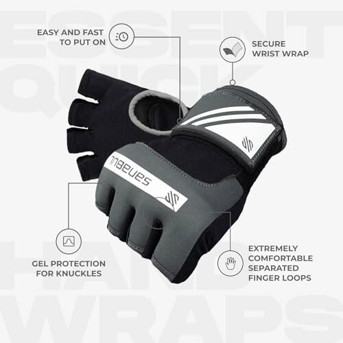 Pair of black and gray boxing gloves with features highlighted.