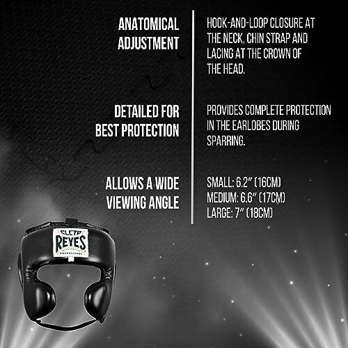 Boxing headgear with anatomical adjustment, protection details, and viewing angle.