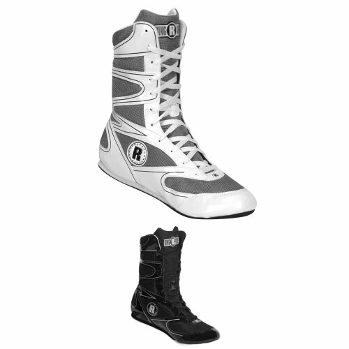 High-top boxing shoes in black and white.