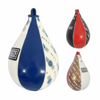 Three colored boxing speed bags in white, blue, red, and brown.