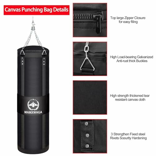 Canvas punching bag with zipper, buckles, thickened cloth, and rivets.