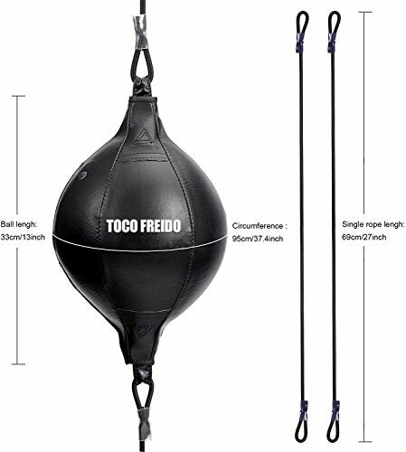 Double-end punching ball with dimensions and ropes.