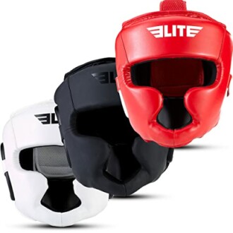 Three Elite boxing headgear helmets in red, black, and white.