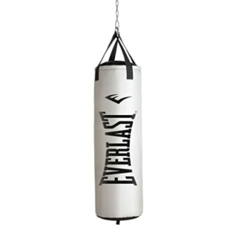 White Everlast punching bag with hanging chain