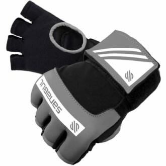 Fingerless black and gray training gloves with logo.