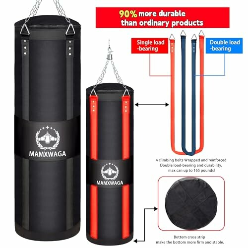 Heavy-duty punching bag with reinforced straps and bottom cross strip.