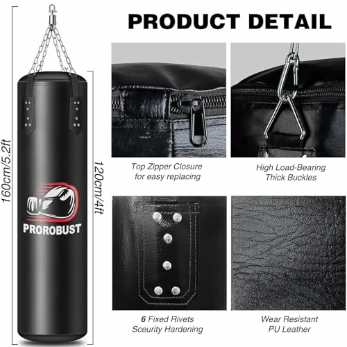 Heavy-duty punching bag with detailed features including zipper closure, thick buckles, rivets, and PU leather.