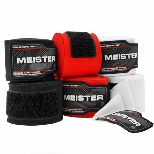 Meister boxing hand wraps in black, red, and white.