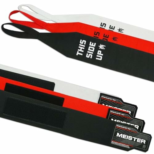 Meister wrist wraps in red, black, and white colors with 'This Side Up' text.