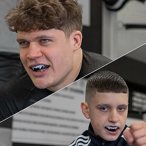 Two people wearing mouthguards, one adult and one child.