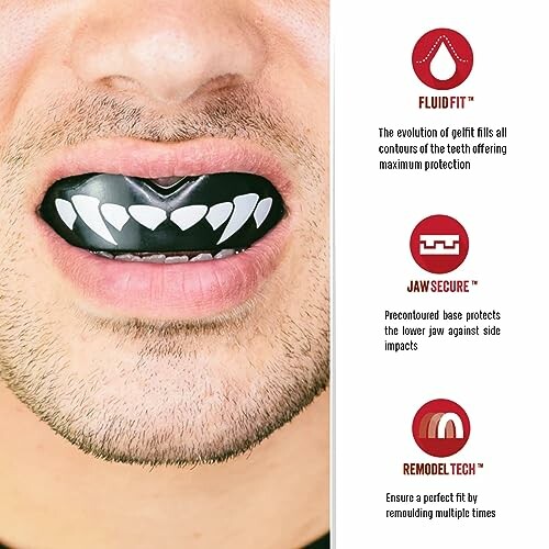 Person wearing a mouthguard with tooth design, alongside product features.