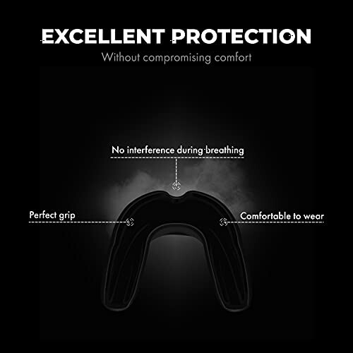 Black mouthguard with features: perfect grip, no interference during breathing, comfortable to wear.