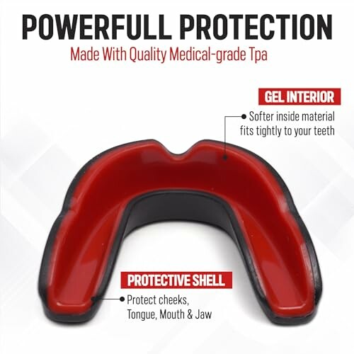 Red and black mouthguard with gel interior and protective shell.