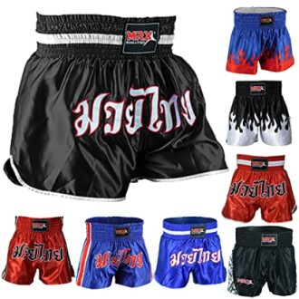 Various Muay Thai boxing shorts in different colors and designs.