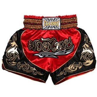 Red and black Muay Thai boxing shorts with decorative patterns