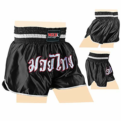 Black Muay Thai shorts with red and white lettering.