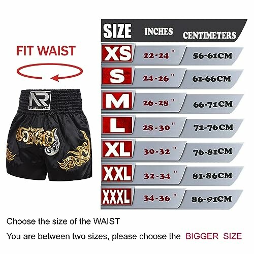 Muay Thai shorts size chart with waist measurements in inches and centimeters.