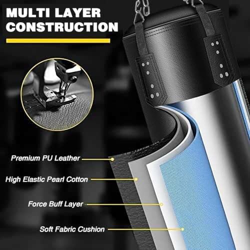 Multi-layer construction of a punching bag with labels for premium PU leather, high elastic pearl cotton, force buff layer, and soft fabric cushion.