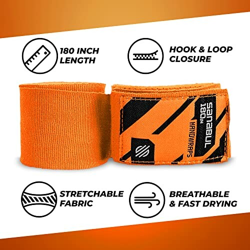 Orange boxing hand wraps with 180 inch length, hook and loop closure, stretchable fabric, breathable and fast drying.