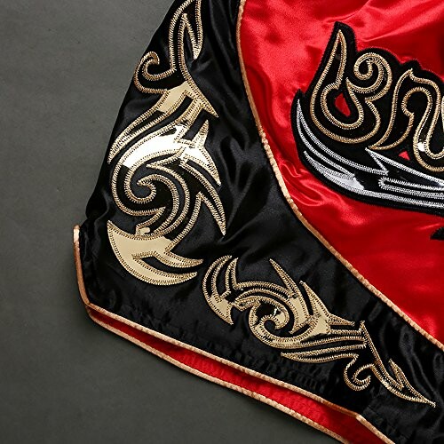 Close-up of ornate red and black cloth with gold embroidery