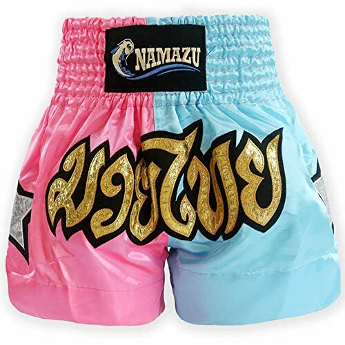 Pink and blue Muay Thai shorts with Namazu logo.