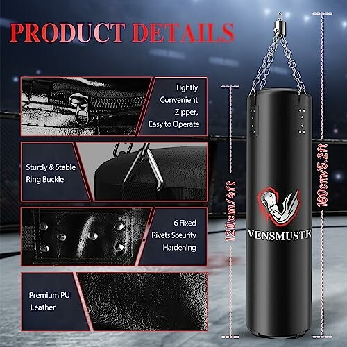 Detailed view of a black punching bag with features highlighted, including zipper, ring buckle, rivets, and PU leather.