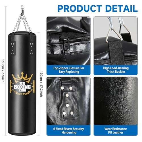 Punching bag with zipper closure, thick buckles, rivets, and PU leather.