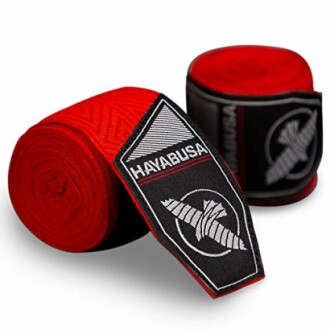 Red and black boxing hand wraps with Hayabusa logo.