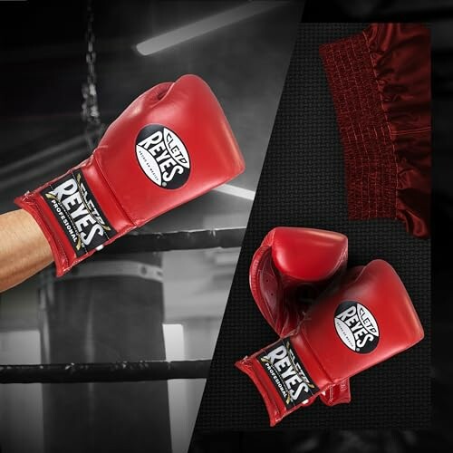 Red boxing gloves in a ring setting