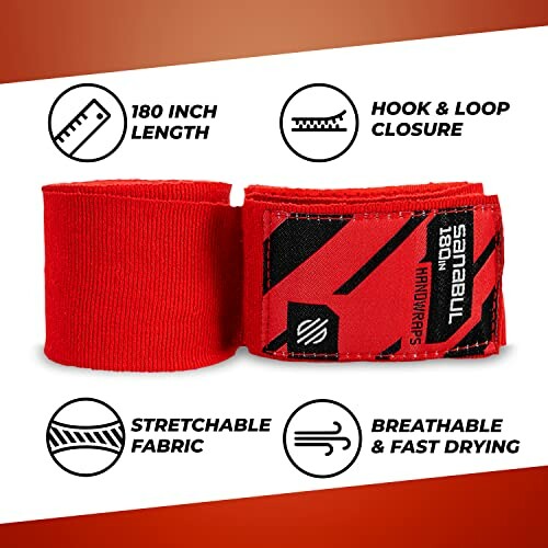 Red boxing hand wraps with 180 inch length, hook and loop closure, stretchable fabric, breathable and fast drying features.