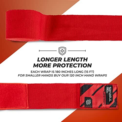 Red boxing hand wraps with text about longer length and protection.