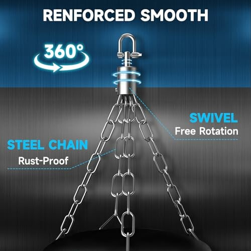 Reinforced smooth swivel with steel chain for 360-degree rotation, rust-proof.