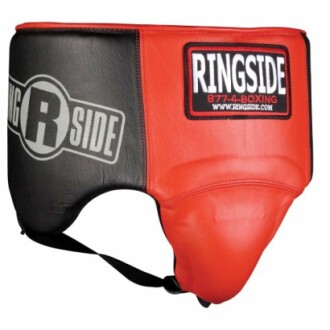 Ringside boxing groin protector in black and red.