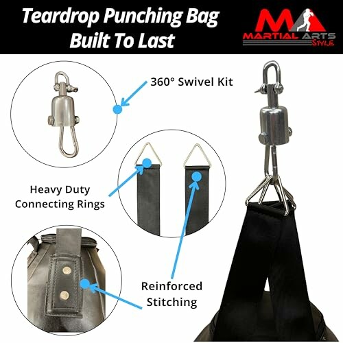 Teardrop punching bag with swivel kit, connecting rings, and reinforced stitching.