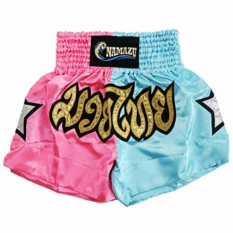 Pink and blue Thai boxing shorts with gold lettering and star designs.