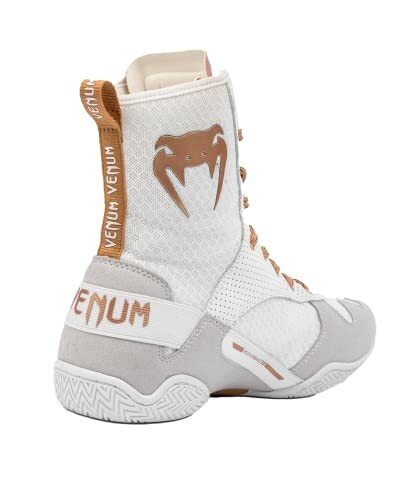 White Venum boxing shoe with brown accents