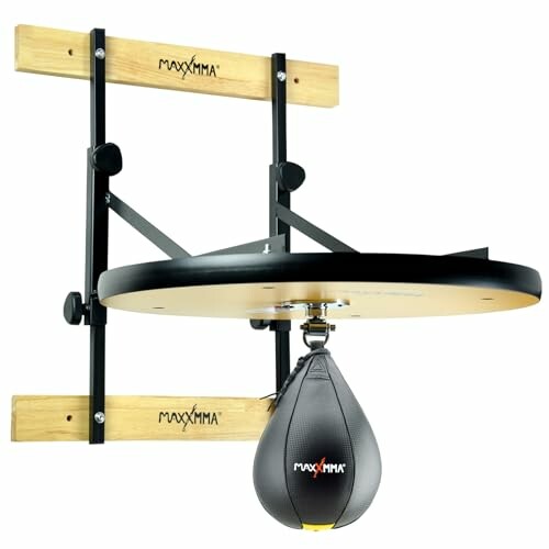 Wall-mounted speed bag platform with wooden backboard.